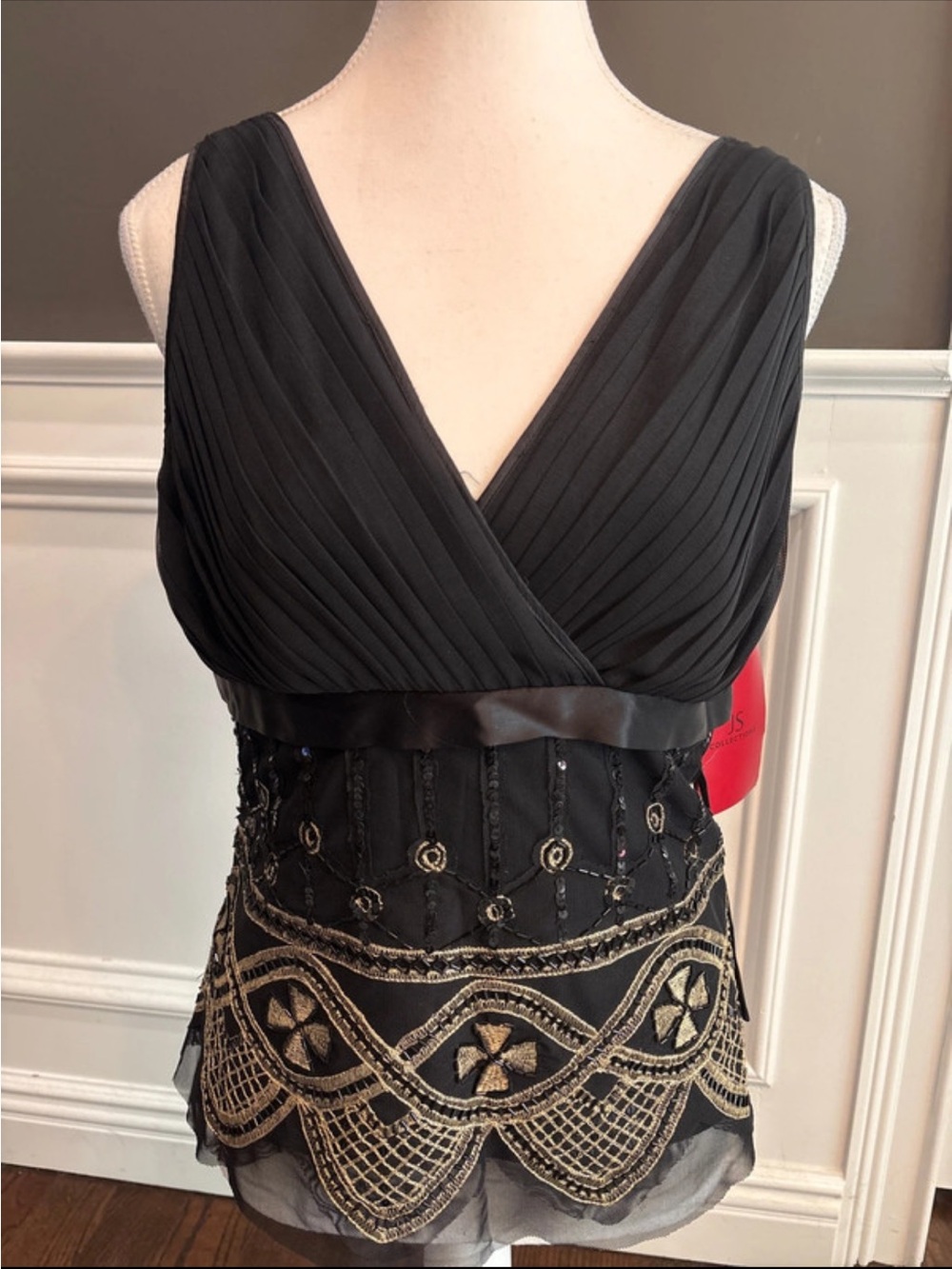 JS Collections Black Sleeveless V-Neck Beaded Camisole with Gold Embroidery